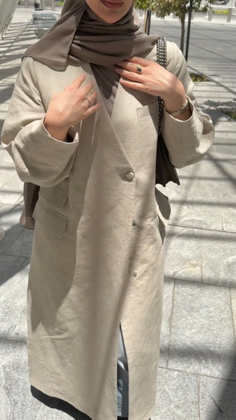 COLLARLESS WAISTED JACKET LINEN ABAYA