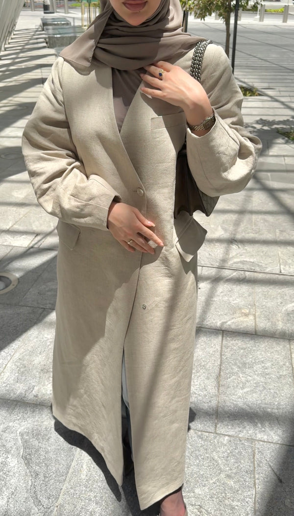 COLLARLESS WAISTED LINEN JACKET